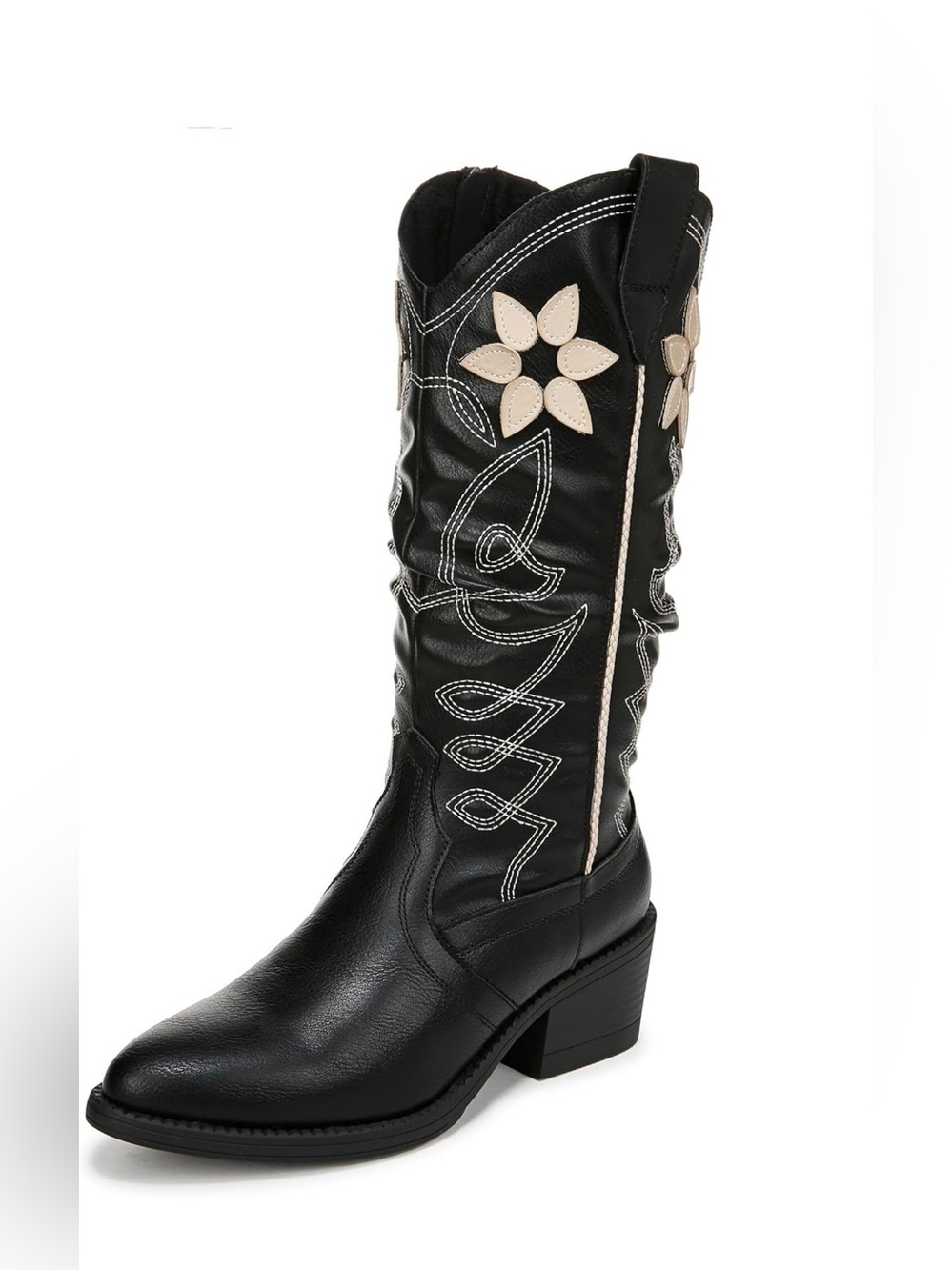 Black Western Knee-High Boots with Cream Floral Appliqué - Picture 4 of 15
